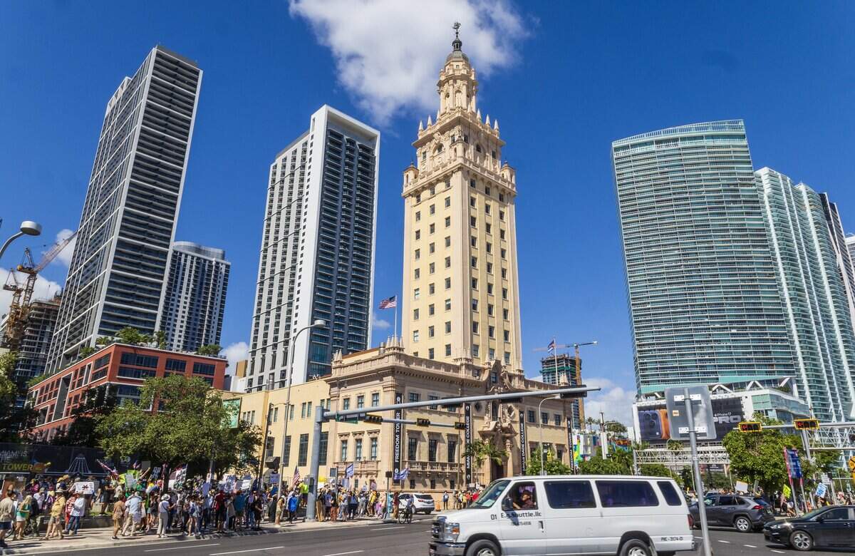 Protesters marched from the Torch of Friendship to the Freedom Tower, on Biscayne Boulevard in downtown Miami, during the ‘No Kings’ anti-Trump protest.