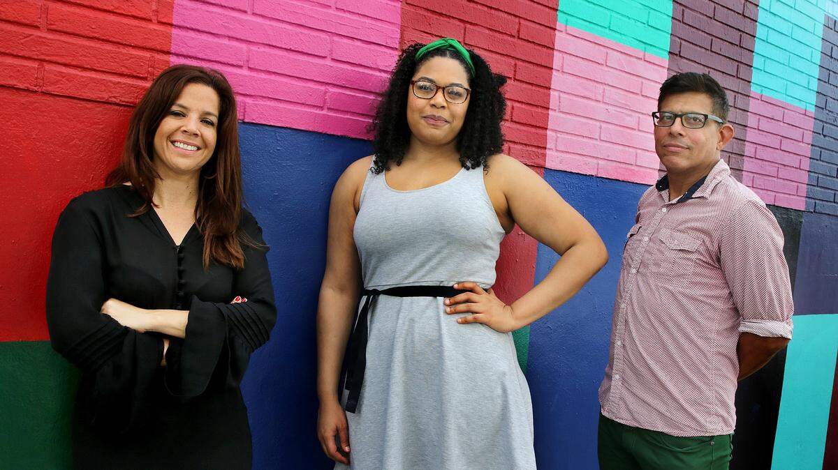 From left- Tanya Bravo, Artistic Director, Juggerknot Theatre Company, Director Tai Thompson and playwright Juan Carlos Sanchez, posed in Wynwood as they  work on the company next project The Wynwood Stories taking place at the The Wynwood Yard, in Miami on Thursday April 4th, 2019.