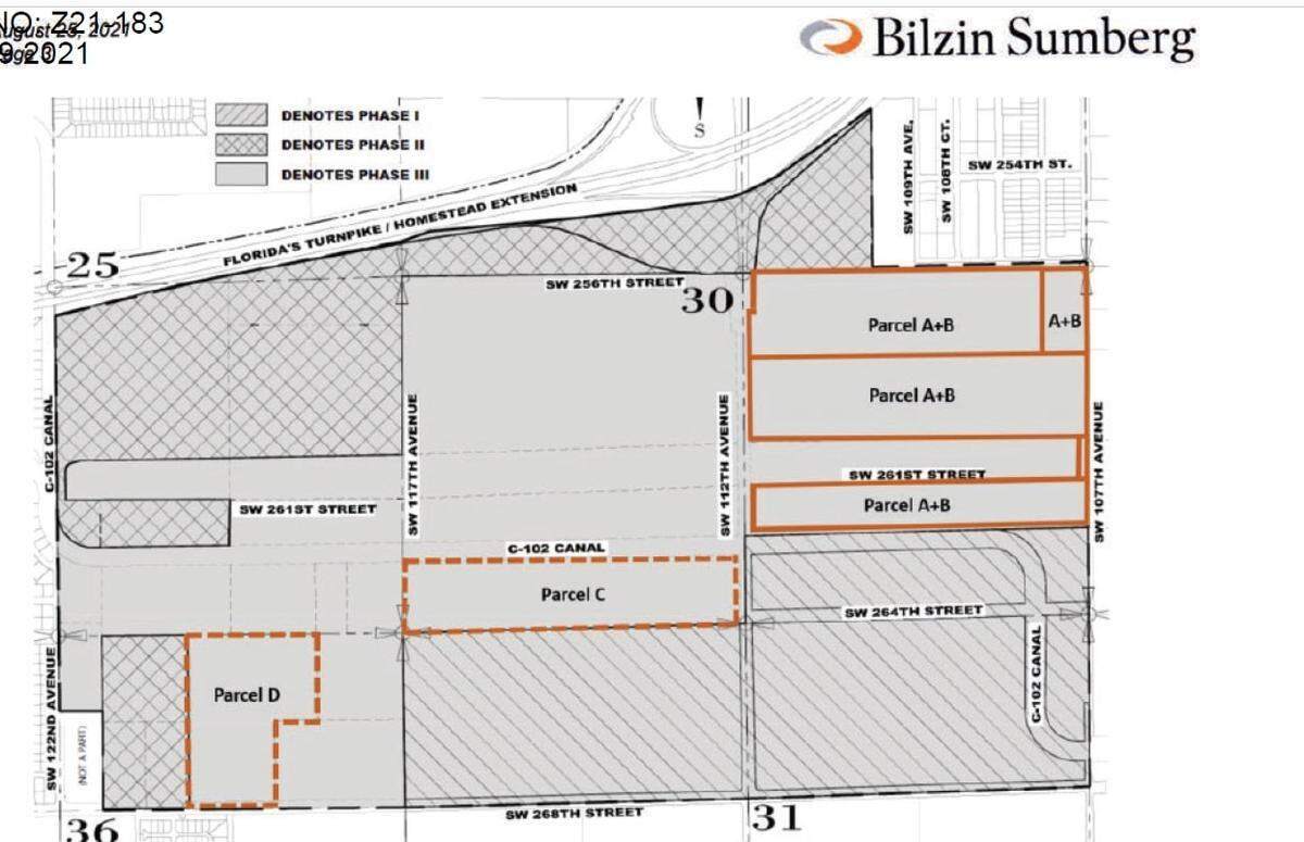 In a filing with Miami-Dade County, lawyers for Leonard Abess Jr. holding companies under the Archimedes name show where Abess owns property (Parcels A through D) within the proposed South Dade Logistics and Technology District, an 800-acre complex proposed outside the existing Urban Development Boundary. Abess issued a scathing denunciation of the project at a May 19, 2022, meeting of the County Commission, saying he did not support the land-use changes that include his 160 acres of properties.
