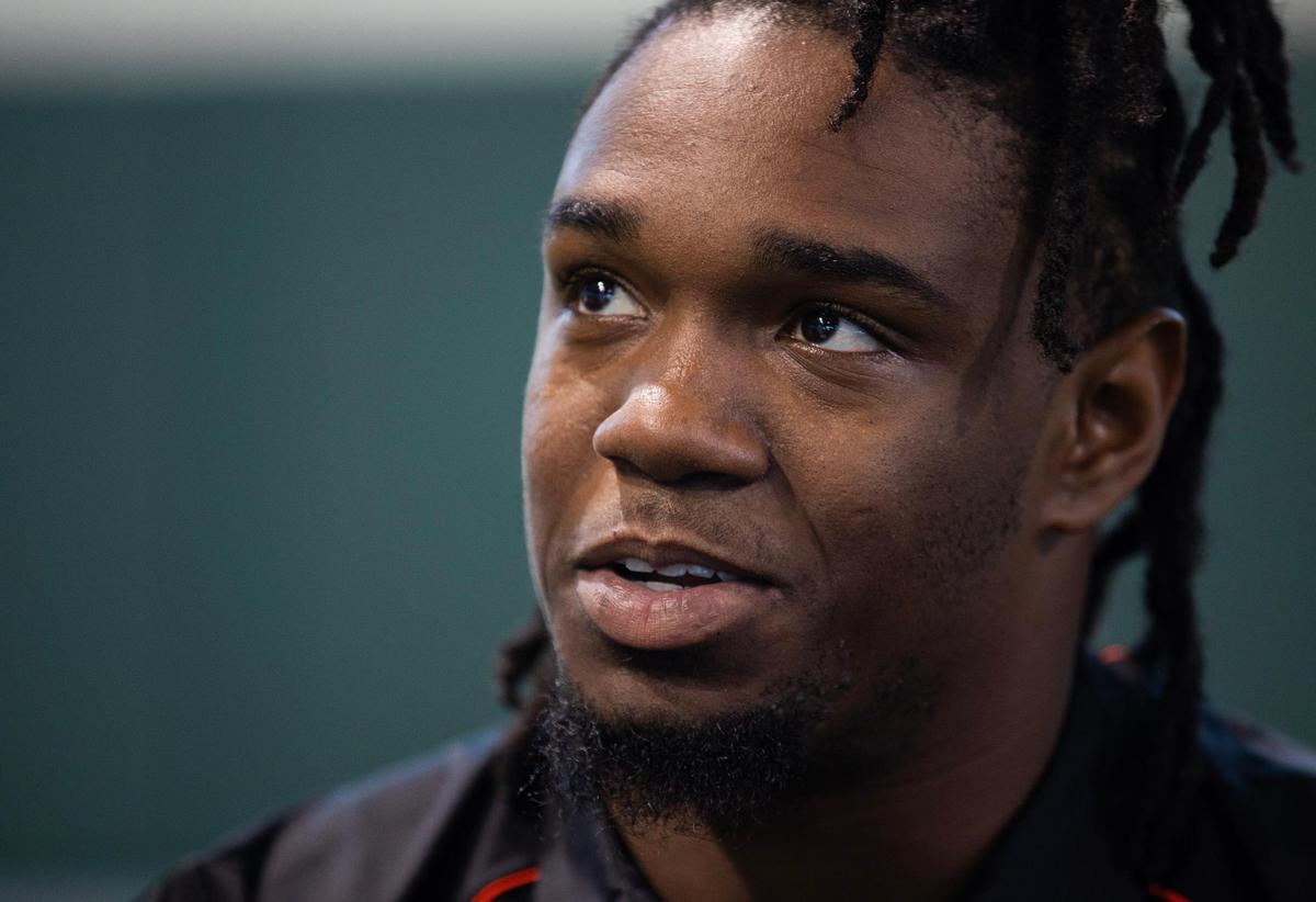 Miami Hurricanes Running Back Mark Fletcher Jr. talks to reporters during UM Football Media Day at Carol Soffer Indoor Practice Facility on Monday, July 31, 2023 in Coral Gables, Fla.