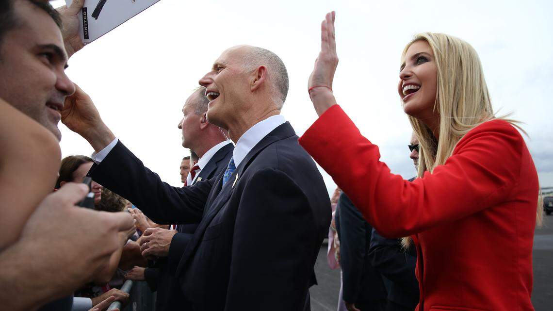 Gov. Rick Scott and Ivanka Trump greet supporters at the airport after arriving in Tampa on Tuesday, July 31, 2018.