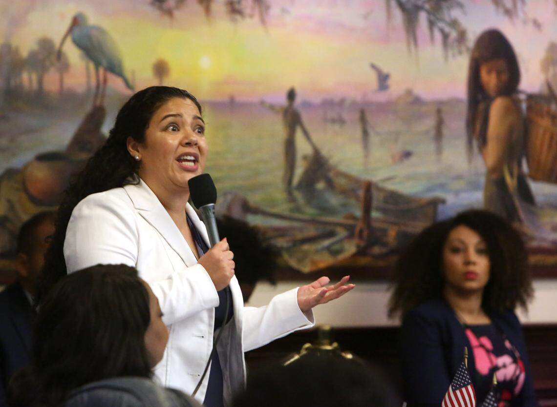 Rep. Cindy Polo. D- Miami Lakes, debates an amendment April 30, 2019, to a bill that would arm teachers with guns. In debate on another bill, to ban ‘sanctuary cities,’ she gave a tear-filled speech about her immigrant parents, who came from Colombia on a visa and overstayed it.