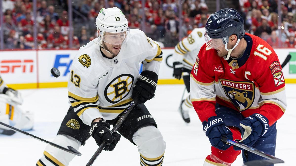 Florida Panthers center Aleksander Barkov (16) and Boston Bruins center Charlie Coyle (13) compete for the puck in the first period of Game 1 of the second-round series of the Stanley Cup Playoffs on Monday, May 6, 2024, in Sunrise, Fla.