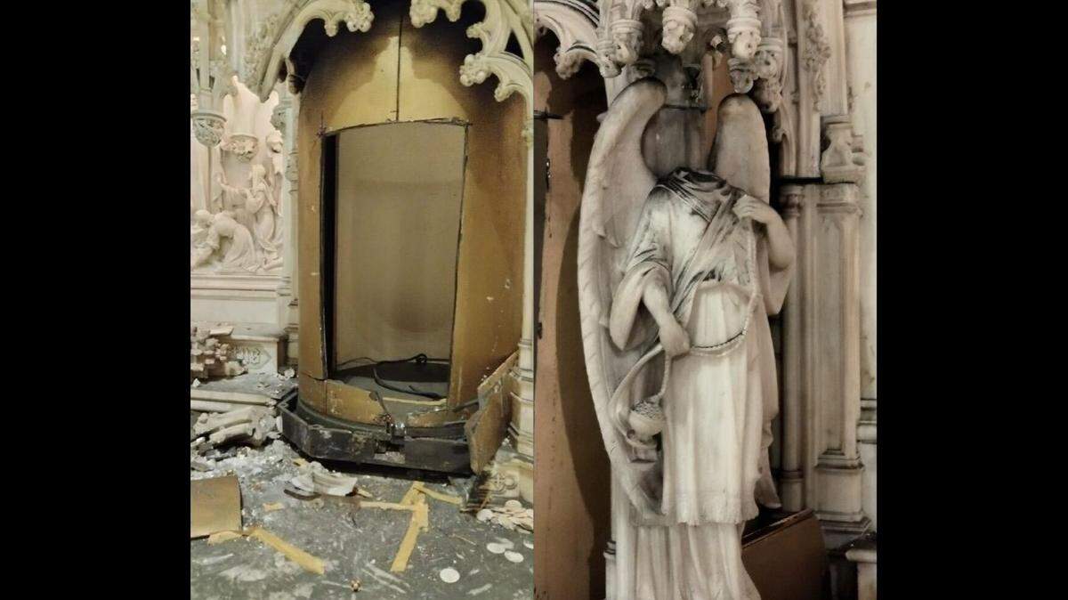 Angel statues were beheaded and $2 million gold tabernacle was stolen at St. Augustine’s Roman Catholic Church in Brooklyn, according to a pastor and New York City police.