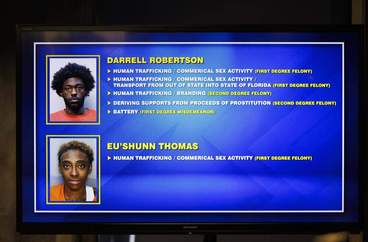 The list of charges for Darrell Robertson and Eu'Shunn Thomas shown during a press conference discussing charges in a human trafficking case on Tuesday, Nov. 25, 2025, at Miami-Dade State Attorney's Office in Miami, Fla.