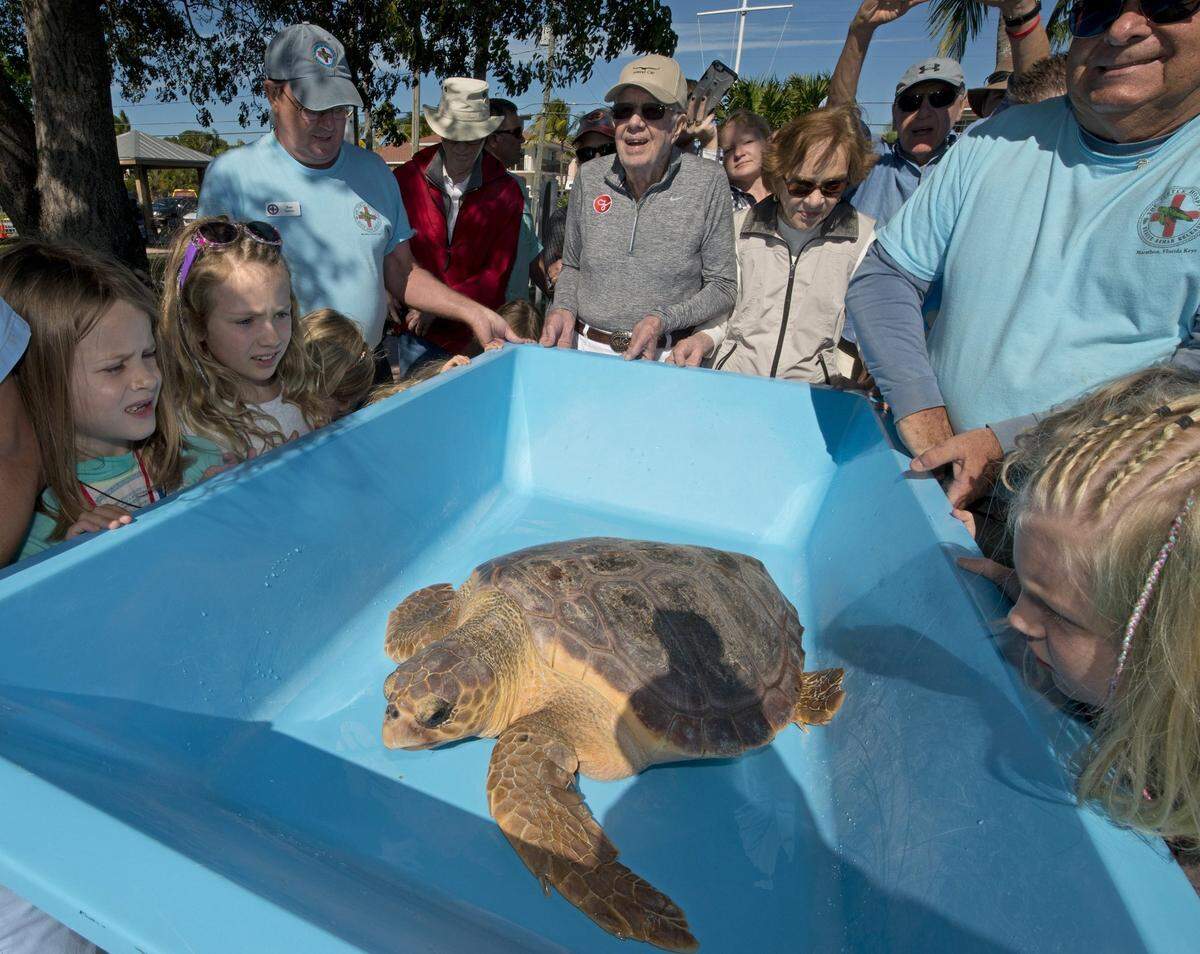 Former President Jimmy Carter and wife, Rosalynn, help his great-grandchildren and staff members of the Turtle Hospital carry Salty, a rehabilitated loggerhead sea turtle, to be released at Sombrero Beach in Marathon in December 2016. Carter and about 40 of his family members are vacationing in the Florida Keys.