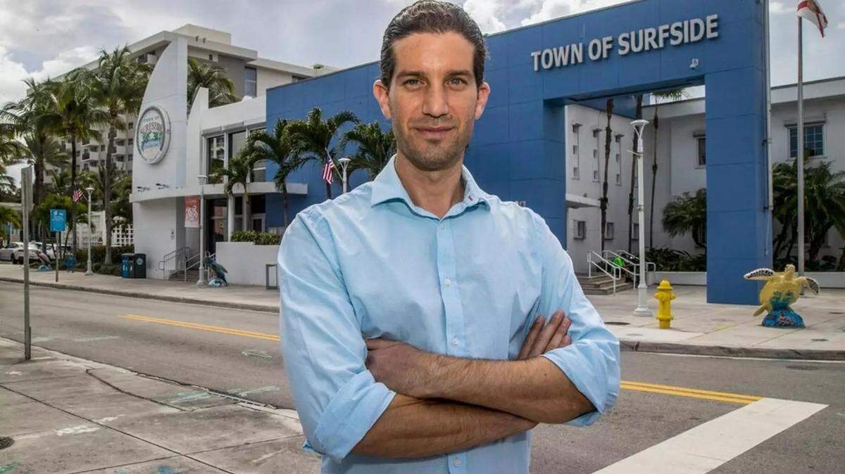 Shlomo Danzinger outside Surfside Town Hall after his election in March 2022. He lost in 2024 but won again in April 2026.
