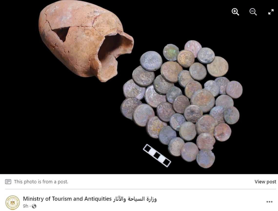 Coins from across the Mediterranean in an imported pottery vase show the connections of commerce in ancient times.