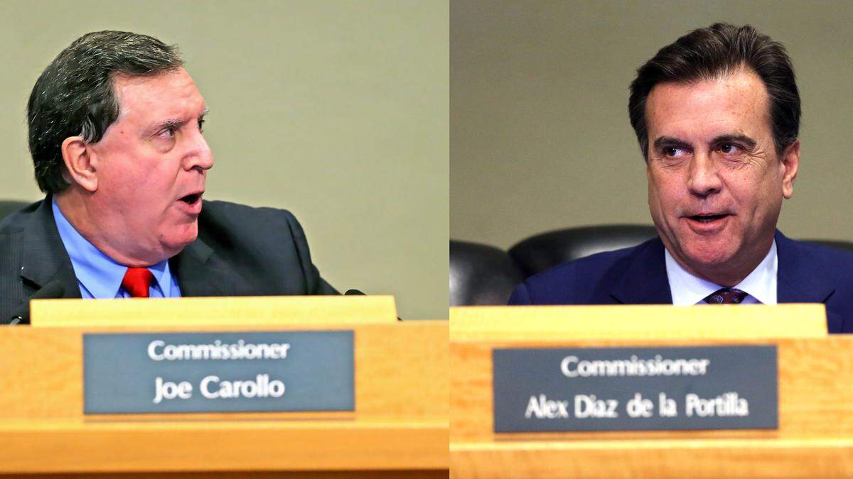 City of Miami commissioners Joe Carollo and Alex Diaz de la Portilla, pictured at the dais in City Hall during a City of Miami commission meeting in 2020.