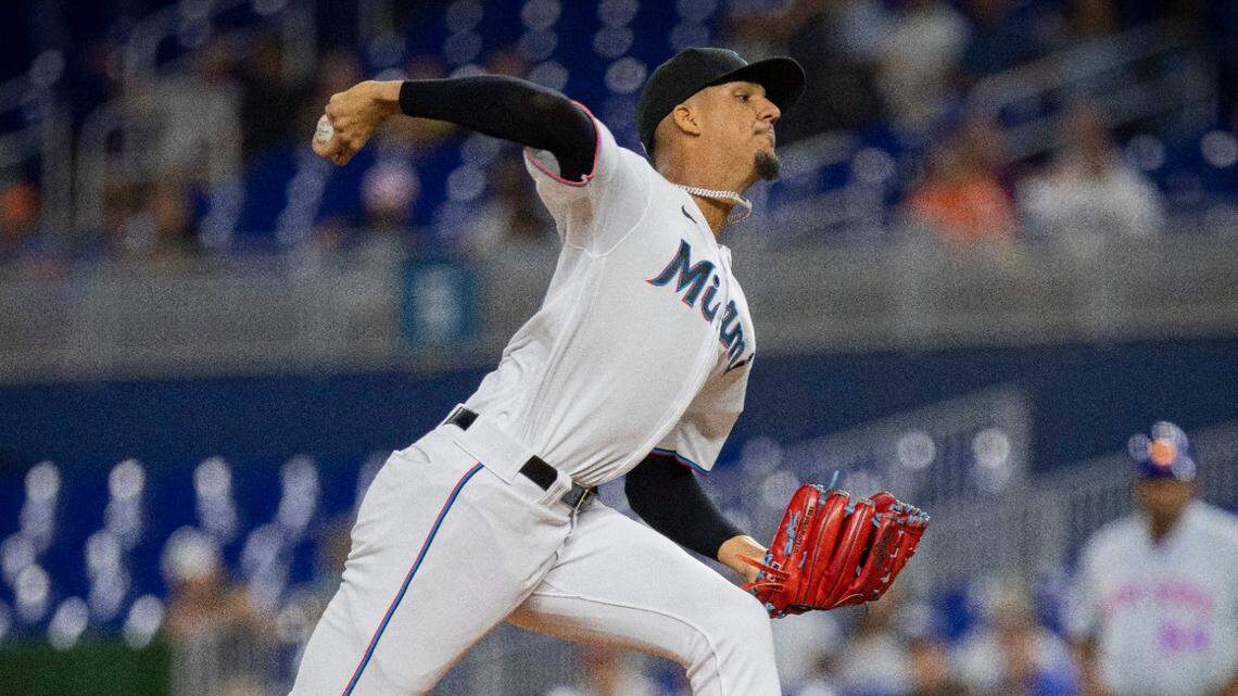 Miami Marlins starting pitcher Eury Perez (39) throws the first pitch during a baseball game against the New York Mets on Wednesday, Sept. 20, 2023, at loanDepot Park in Miami, Fla.