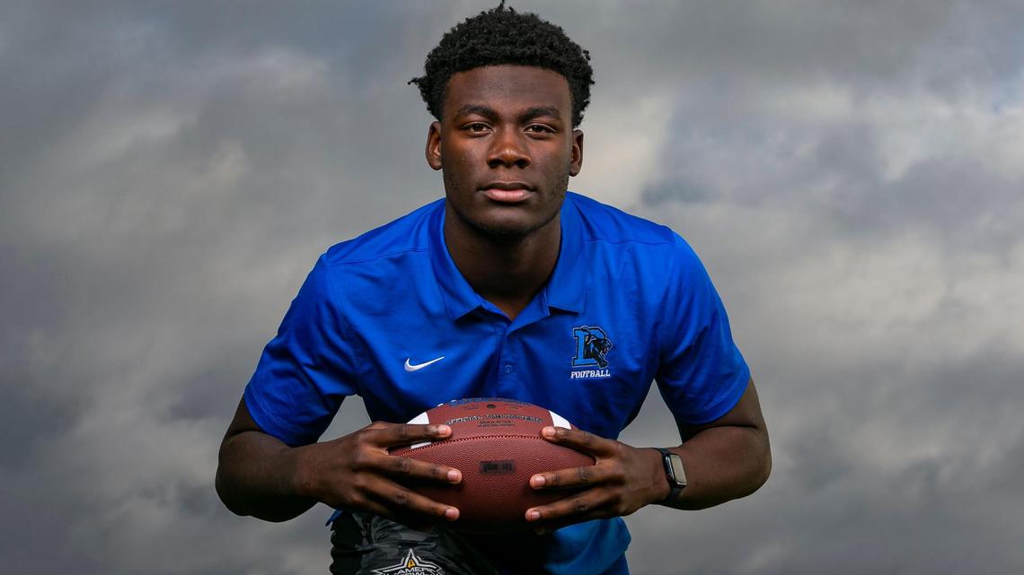 Broward Football Big School Defensive Player of the Year Nyjalik Kelly, from Dillard High School, is photographed at Brian Piccolo Park in Hollywood, Florida on Tuesday, January 11, 2022.