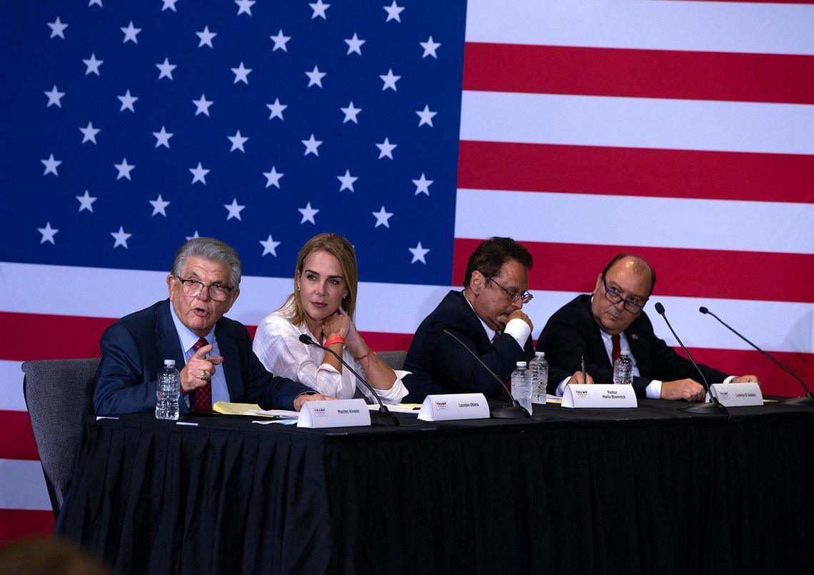 Members from the Venezuelan and the Cuban Exile communities including (from left) Cuban American Maximo Alvarez and Venezuelan Lourdes Ubieta, talked about the situation in their countries under socialists regimes to the U.S President Donald J. Trump during a meeting at Iglesia Doral Worship center Church in Doral after he visited he U.S. Southern Command, on Friday, July 10, 2020.