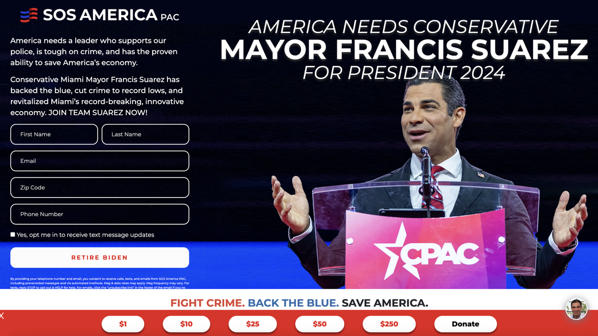 Página de inicio del SuperPAC SOS America el 25 de julio de 2023.