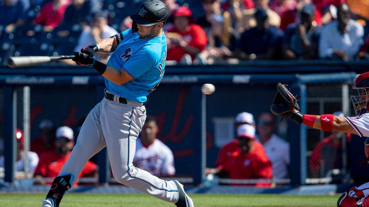 Miami Marlins outfielder Corey Dickerson (23) swings at a pitch during the first inning of a Spring Training game against the Washington Nationals at FITTEAM Ballpark of the Palm Beaches in West Palm Beach, Florida on Monday, March 2, 2020.