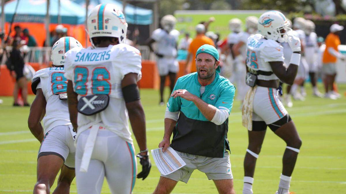 during practice drills at Baptist Health Training Complex in Miami Gardens on Wednesday, August 17, 2022.