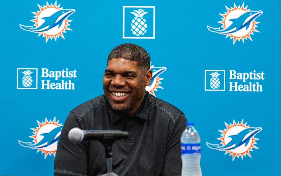 Miami Dolphins assistant general manager Marvin Allen speaks during team pre-draft press conference at Baptist Health Training Complex in Hard Rock Stadium on Wednesday, April 19, 2023 in Miami Gardens, Florida.