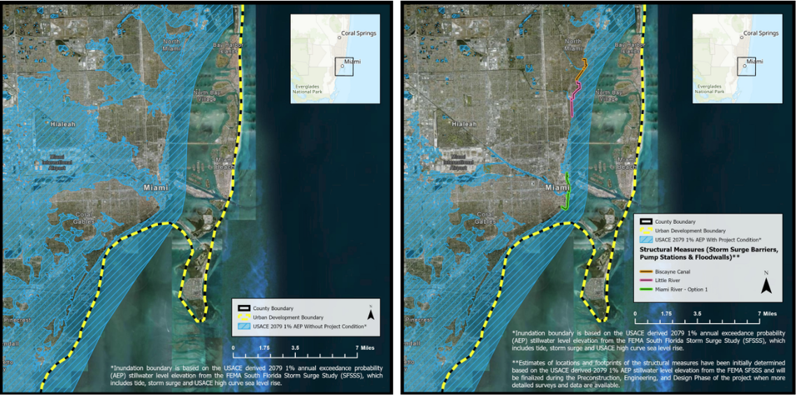 Side-by-side graphics from the Army Corps show the impact of its proposed structural solutions on blocking storm surge from a 1-in-100 year storm surge event in 2079.