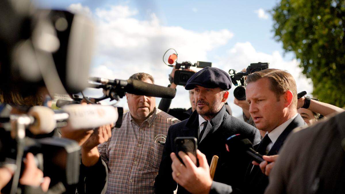 David Beckham speaks to the media after leaving Westminster Palace where he paid respects to the late Queen Elizabeth II, at Westminster Hall, London, England, Friday, Sept. 16, 2022. The Queen will lie in state in Westminster Hall for four full days before her funeral on Monday Sept. 19.