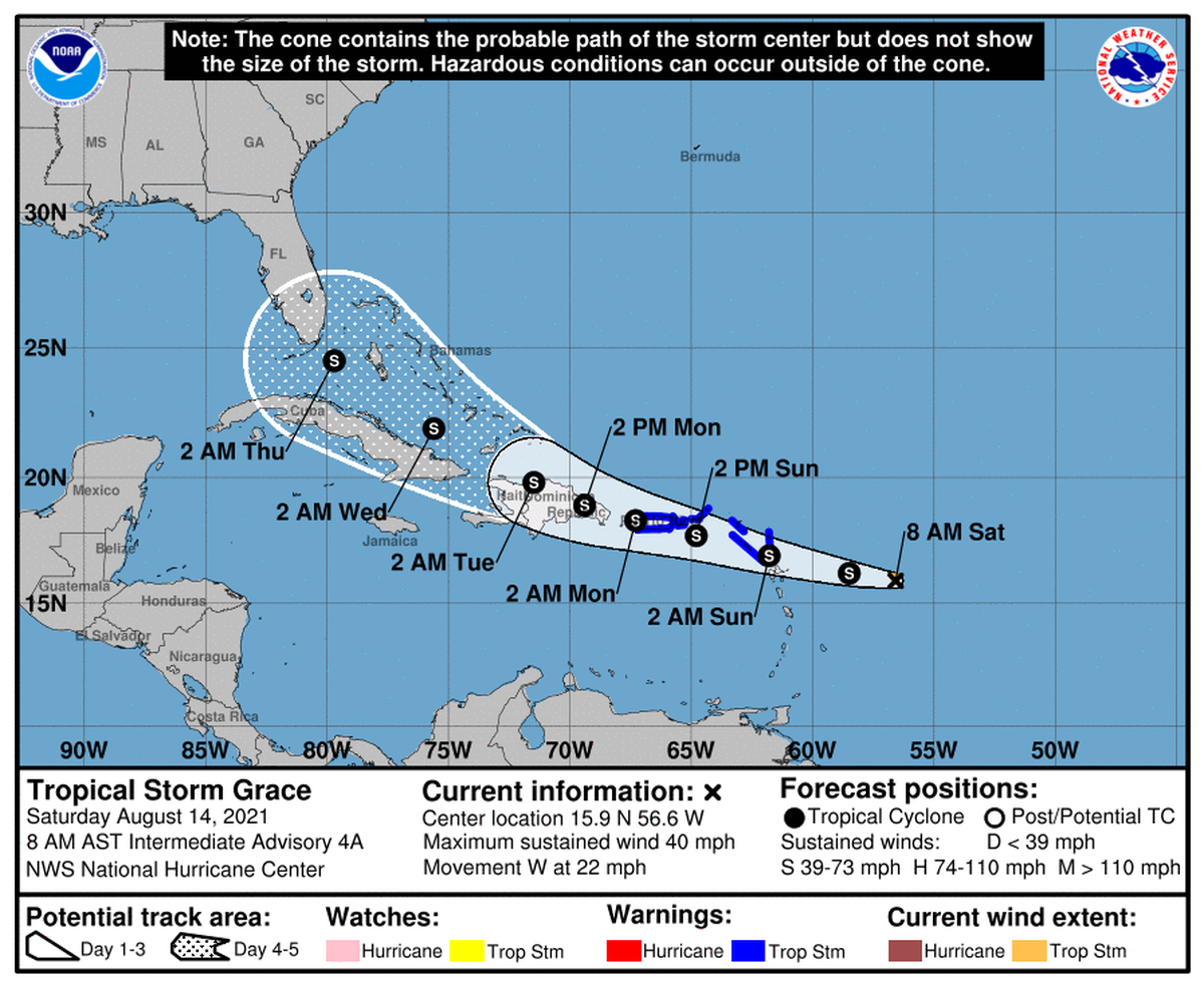 Tropical Storm Grace 8 a.m. Saturday, Aug. 14, 2021 advisory map.