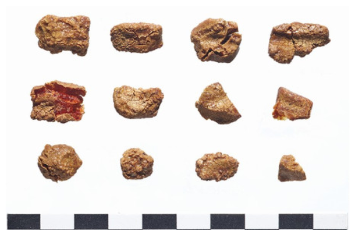 The beads were rough and fragmented and had an outer coating around the reddish interior, researchers said.