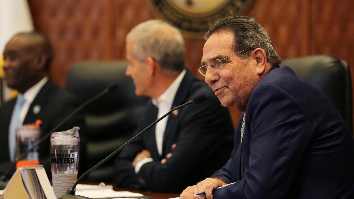 Xavier Suarez, then a Miami-Dade County commissioner, speaks during a debate at the government center in Sunny Isles Beach, Florida, on Monday, March 9, 2020.