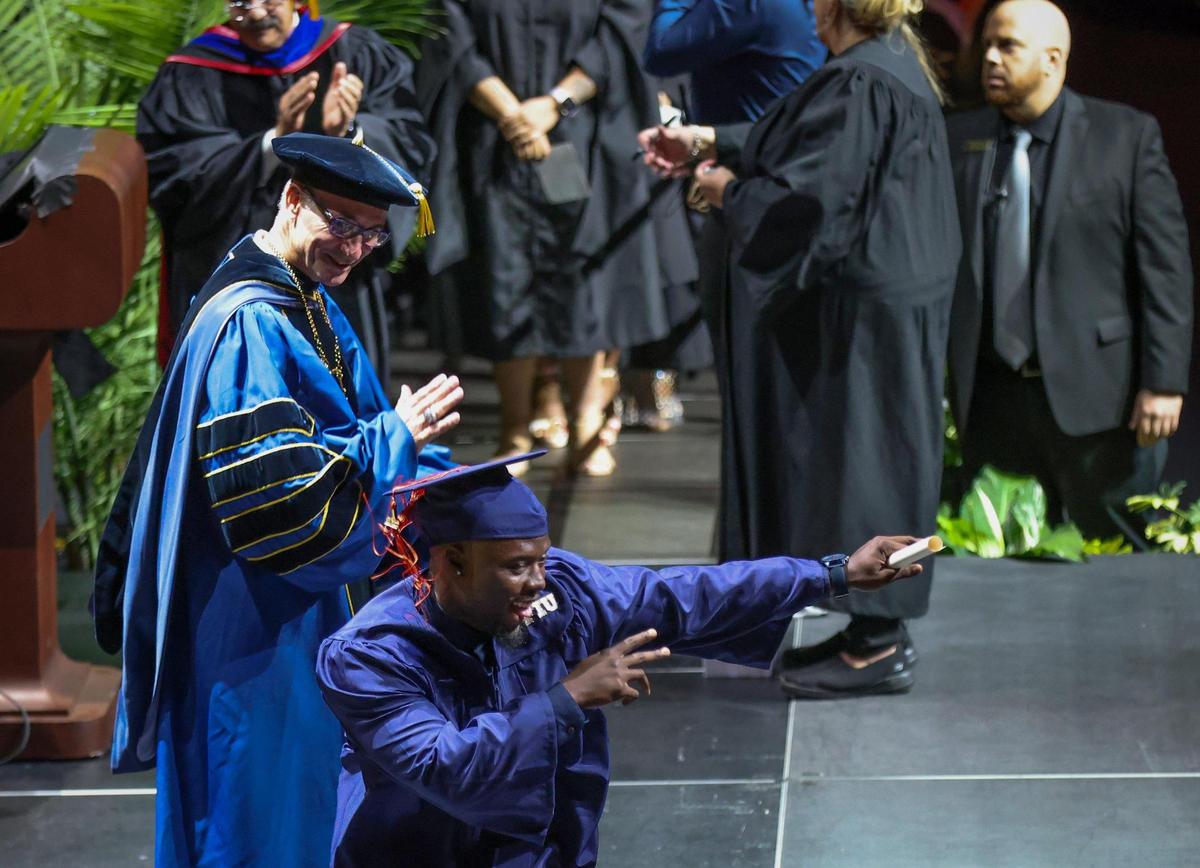 Myles Solomon, 23, graduated with a degree in civil engineering and wants to work in that field, but he also manages his own business selling graphic designs, @swaaggy.std on Instagram. Solomon, from Miramar, busted a move on stage as soon as he got his diploma. “It was a last-minute thing,” he said. “I was like, I worked really here so why not have some fun now and really celebrate this.” Right after he danced, Jessell followed along. “I put a smile on my face and I like that i put a smile on his and others’ as well,” Solomon added.