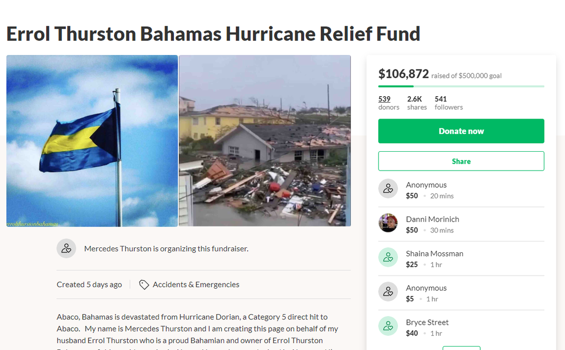 Errol Thurston and his wife created a a GoFundMe page earlier this week to help raise funds for their Bahamas Hurricane Dorian relief fund. So far, the page has raised $106, 872 as of Friday afternoon.