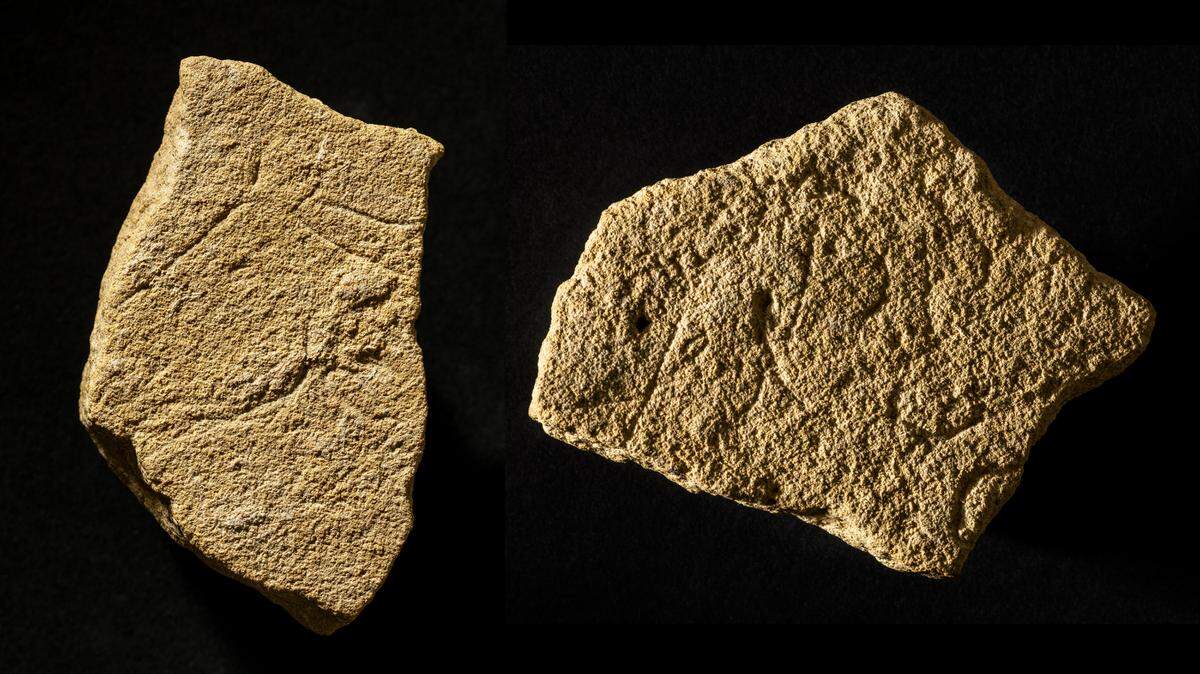 Archaeologists in Bellegarde found several stone slabs with engravings from early Magdalenian culture. Photos show the hard-to-spot horses.