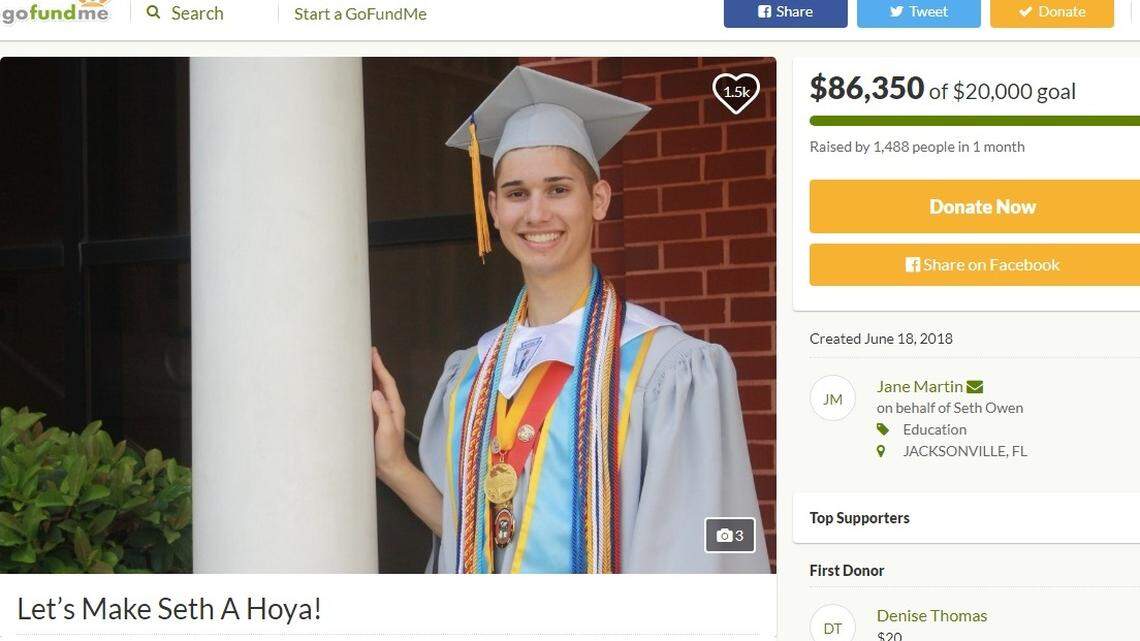 Seth Owen’s GoFundMe page, as set up by his high school teacher and mentor, Jane Martin. She wants to help send the Jacksonville valedictorian to Georgetown University after he left his home when he said his parents rejected him for being gay.