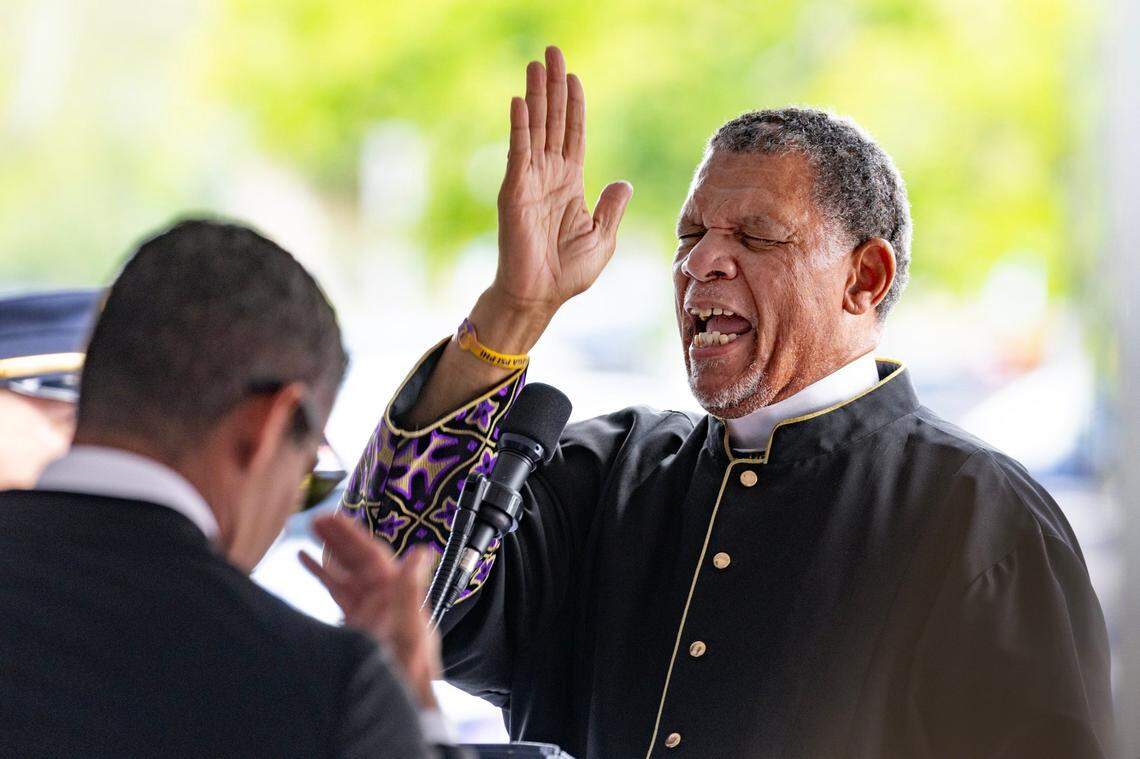 Pastor Richard P. Dunn II speaks during a memorial service for Commissioner Manolo Reyes, at Miami City Hall in Miami, Florida on Wednesday, April 16, 2025.