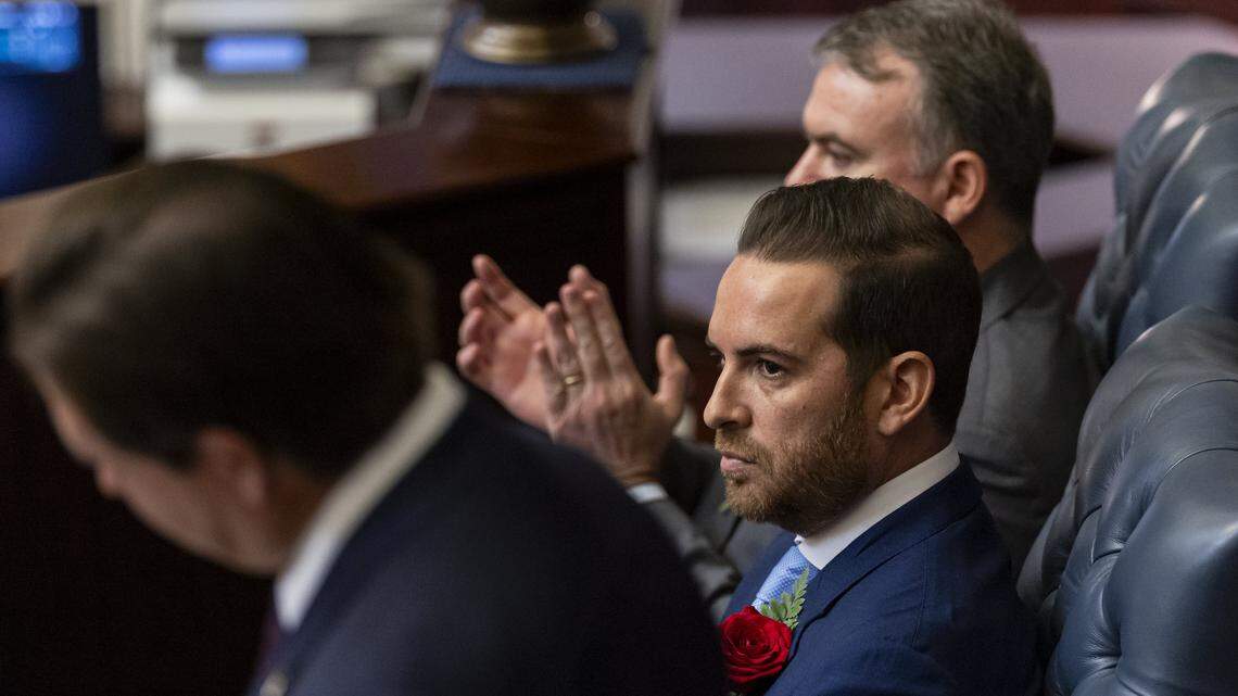 Florida Gov. Ron DeSantis (foreground) delivers his State of the State address as Florida House Speaker Daniel Perez, R-Miami, listens during the first day of the legislative session at the Florida State Capitol on Tuesday, Jan. 13, 2026, in Tallahassee, Florida.