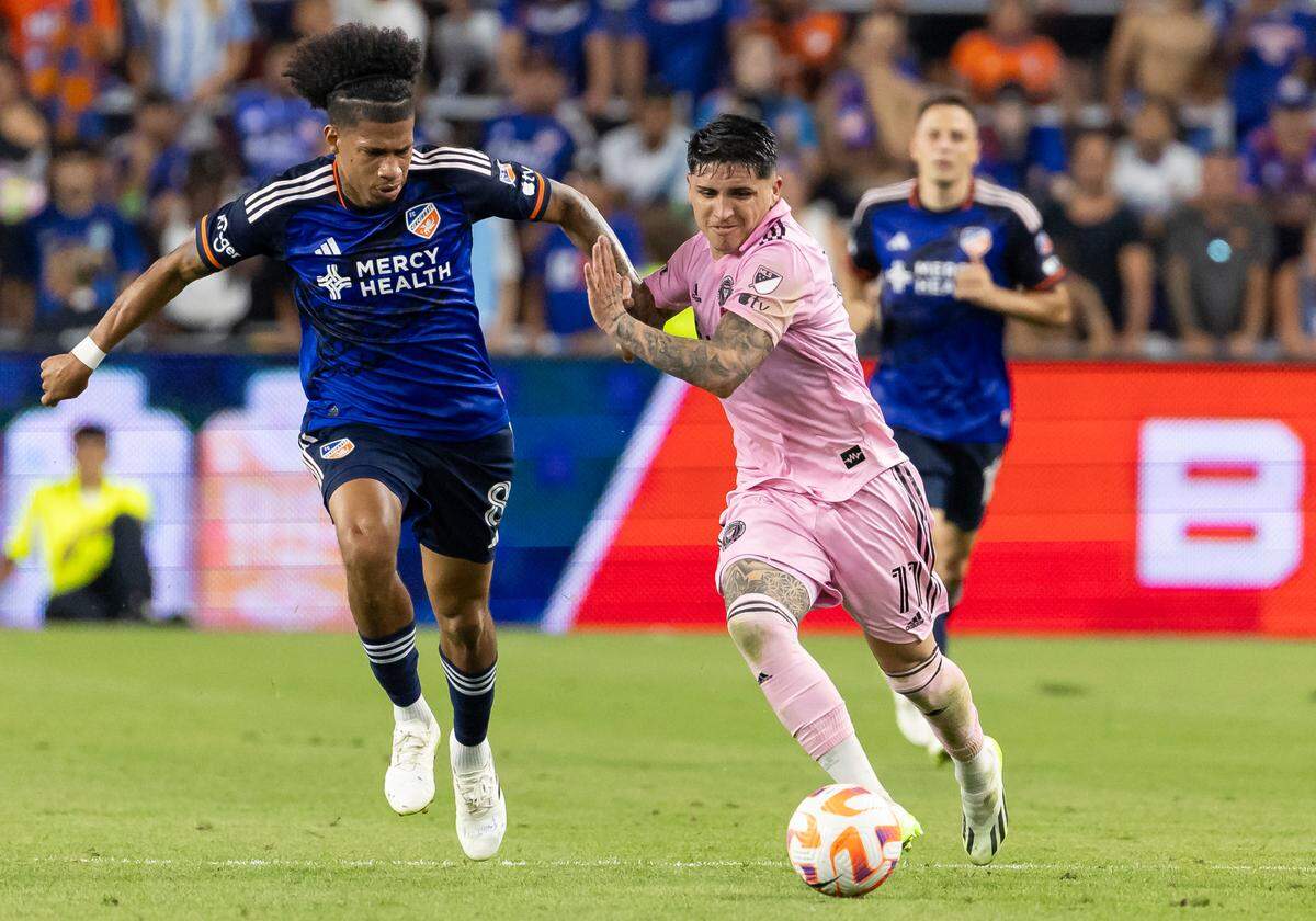 Inter Miami midfielder Facundo Farías (11) and FC Cincinnati midfielder Marco Angulo (8) compete for the ball in the extra time of their U.S. Open Cup semifinal at TQL Stadium on Wednesday, Aug. 23, 2023, in Cincinnati, Ohio.
