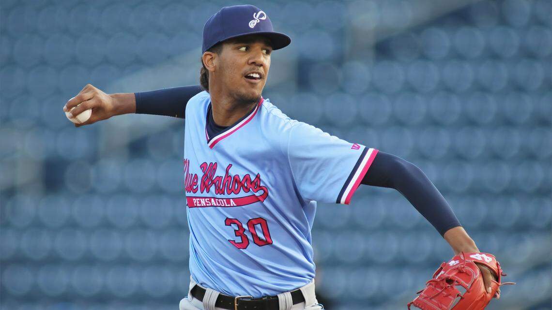 Eury Perez pitches for the Pensacola Blue Wahoos against the Biloxi Shuckers in a Double A baseball game on Friday, April 29, 2022.