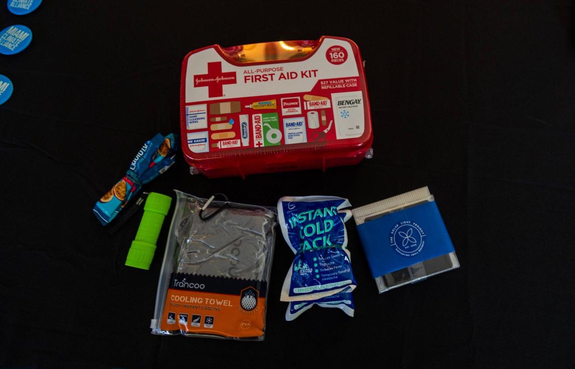 Content of bags distributed to those attending an ‘Extreme Weather Training’ seminar, hosted by the Cleo Institute at the Culmer Overtown Branch Library in Miami, on Saturday, Sept. 28, 2024.