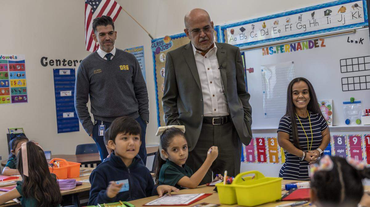 Superintendent of Schools Dr. Jose L. Dotres (right) joined Principal Phil A. Mato as they visited kindergarten students at the Dr. Rolando Espinosa K-8 Center, during the first day of school for Miami-Dade County Public Schools (M-DCPS) in the 2025-2026 school year, on Thursday, August 14, 2025.