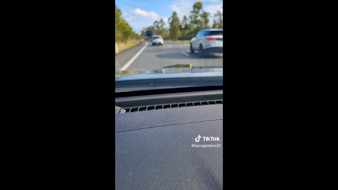 Kerry Jenkins and her partner were driving on the Australian Pacific Highway when they noticed a long, green snake on the hood of their car, a TikTok video shows.