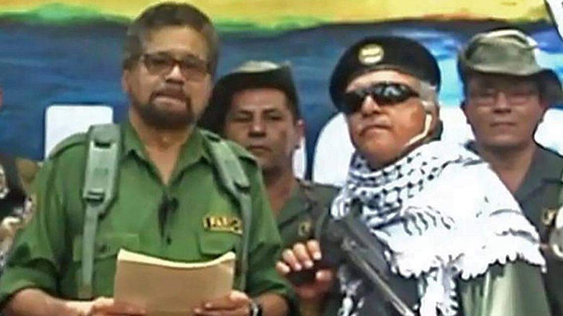 YouTube screen grab shows former FARC senior commander Ivan Marquez, left, and fugitive rebel, Jesus Santrich, announcing the resumption of armed revolt in Colombia.