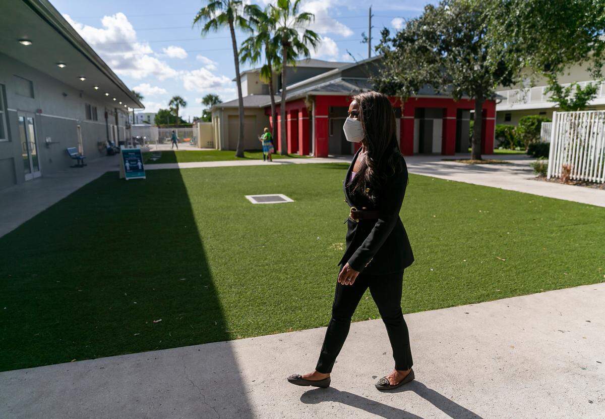 Symeria Hudson, the president and CEO of Chapman Partnership, walks through the nonprofit’s downtown Miami campus on Tuesday, October 5, 2021.