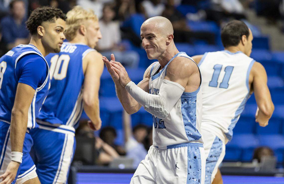 Nova Southeastern Sharks guard Dallas Graziani (12) reacts after scoring against the Rollins Tars in the second half of their Sunshine State Conference Championship quarterfinal basketball game at the Rick Case Arena on Tuesday, March 3, 2026, in Davie, Fla.