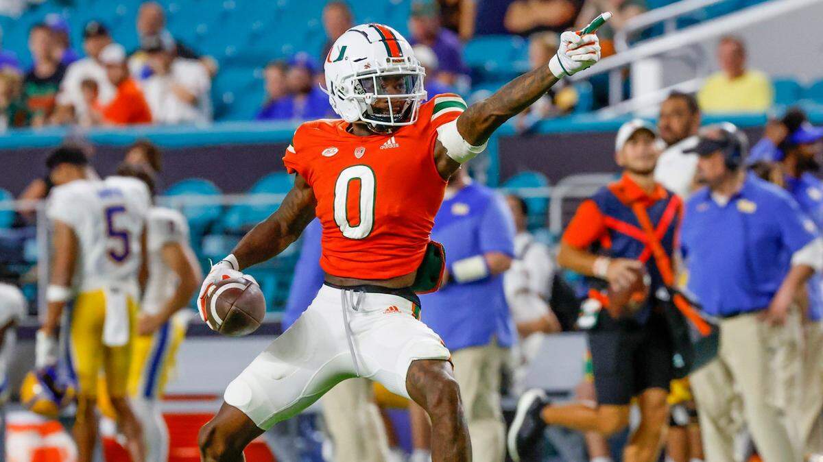 Miami Hurricanes wide receiver Romello Brinson (0) signals a first down in the fourth quarter during the game against the Pittsburgh Panthers at Hard Rock Stadium in Miami Gardens on Saturday, November 26, 2022.