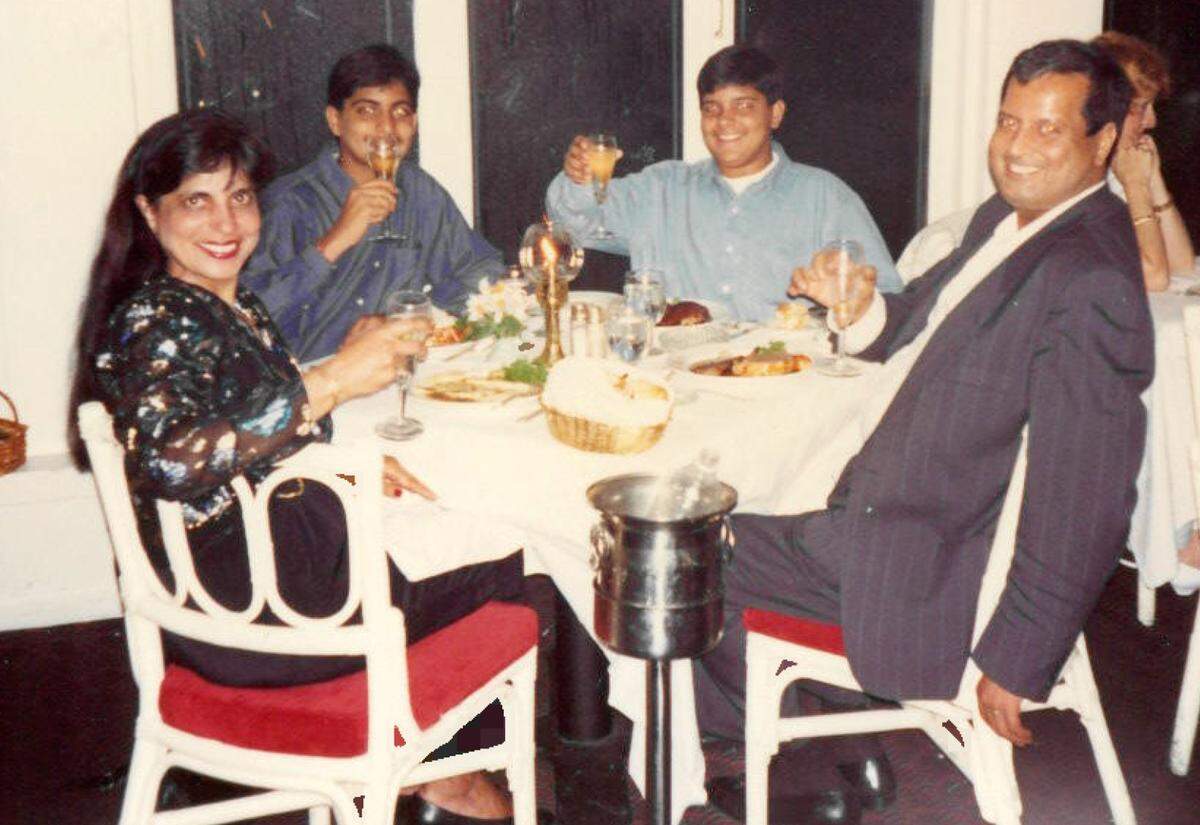 Ramola, Nitin, Dev and Bob Motwani in a family photo taken in Paradise Island, Bahamas, in 1992.