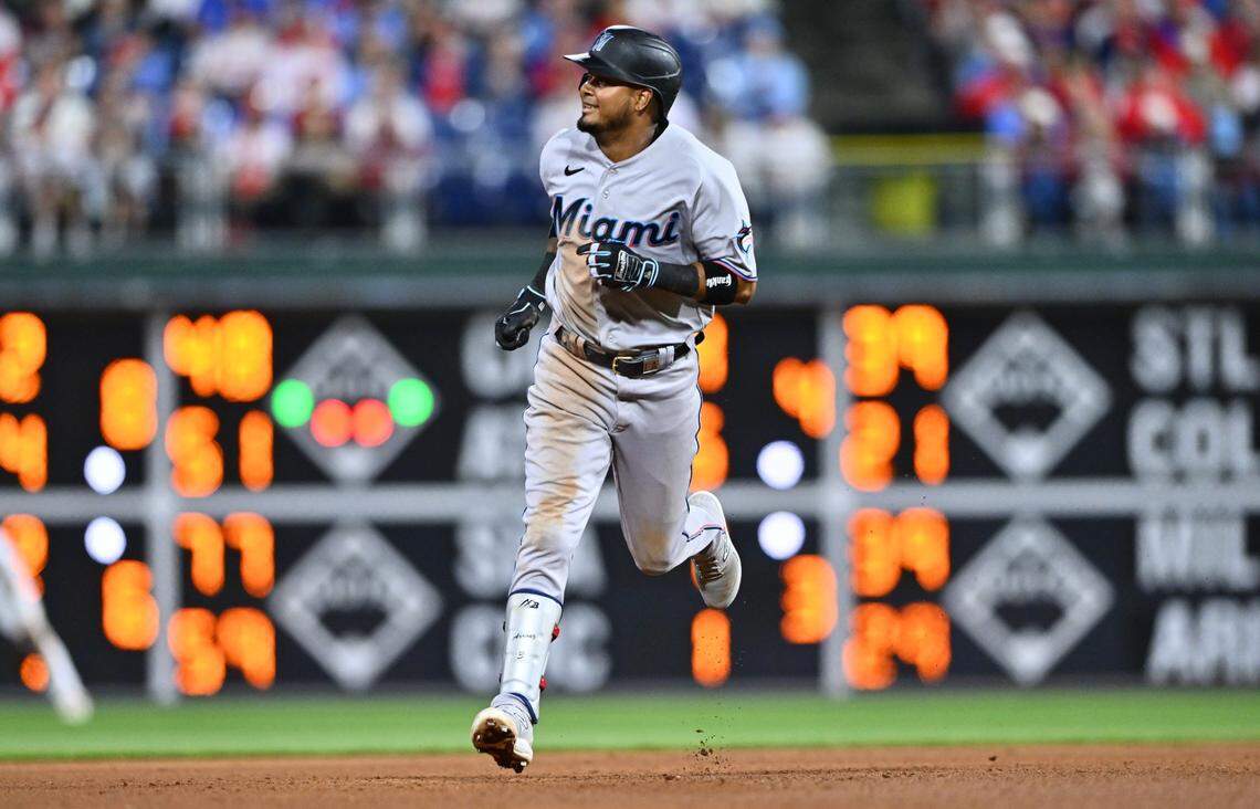 Miami Marlins second baseman Luis Arraez (3) rounds the bases after hitting a home run against the Philadelphia Phillies in the seventh inning at Citizens Bank Park on Tuesday, April 11, 2023.