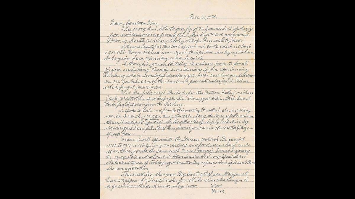 A one-page handwritten letter signed “Love, Dad,”dated Dec. 31, 1970., from mobster Meyer Lansky to his daughter Sandra and her husband Vince Lombardo, reads, in part: “This is my last letter to for 1970. You need not apologize for not answering promptly I think you are very prompt.”