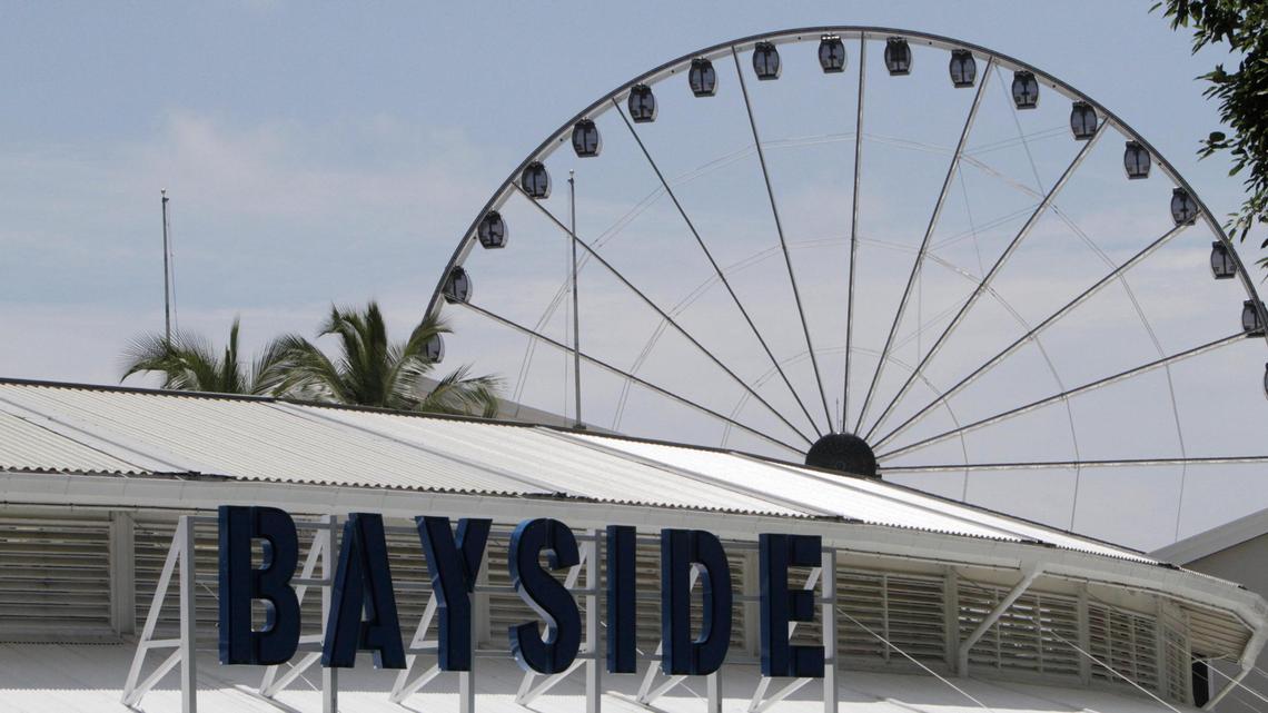 Sky Views Miami, a 176-foot-tall observation-Ferris wheel, is seen towering over Bayside Marketplace in Miami on June 10, 2020.