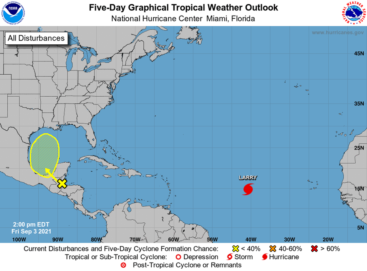 The disturbance near the coast of Honduras has a 30% chance of development in the next five days.