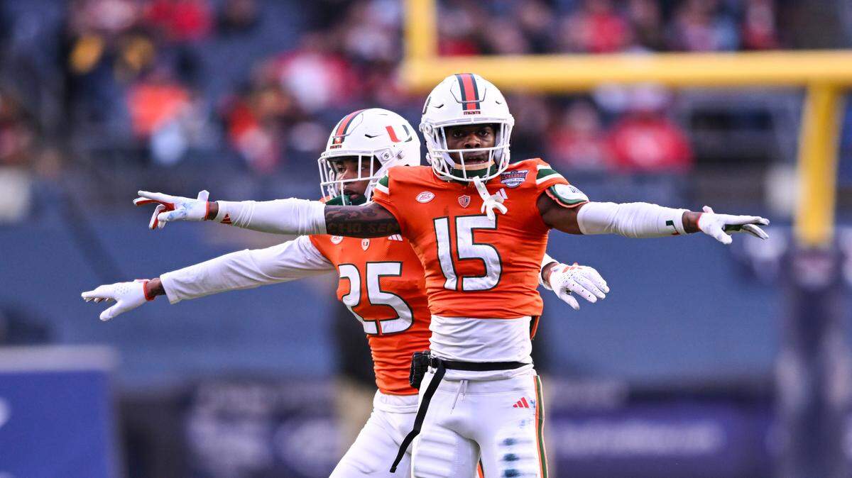 Dec 28, 2023; Bronx, NY, USA; Miami Hurricanes defensive back Markeith Williams (15) and defensive back Jadais Richard (25) react to a missed field goal by Rutgers Scarlet Knights during the second quarter at Yankee Stadium. Mandatory Credit: Mark Smith-USA TODAY Sports