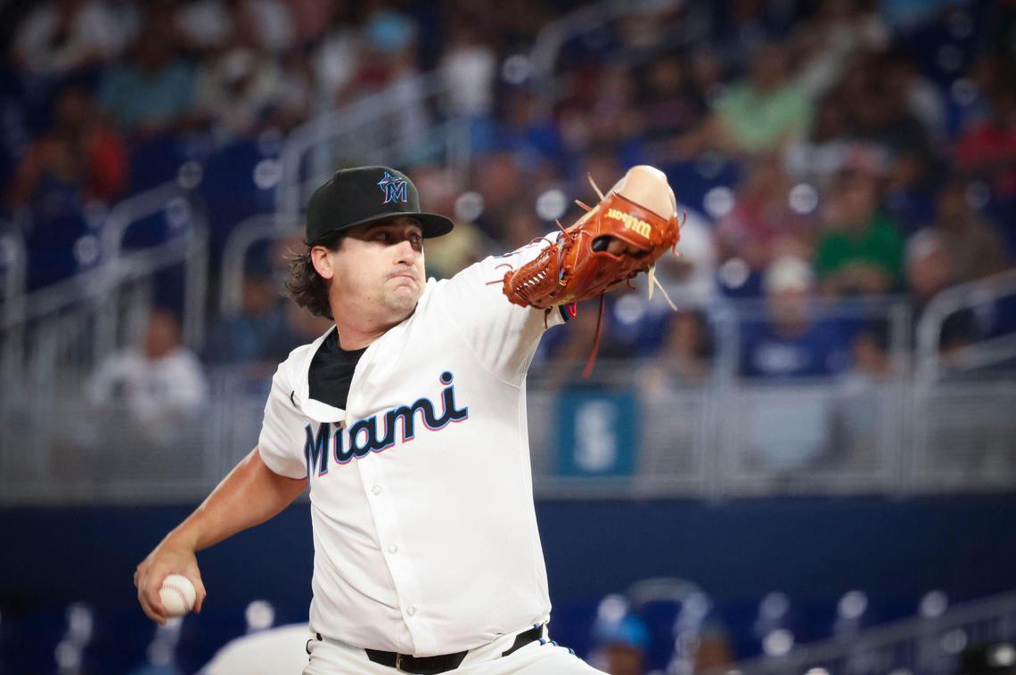 Miami Marlins starting pitcher Cal Quantrill (47) pitches during the first inning of the game against the Los Angeles Dodgers on Tuesday, May 6, 2025, at loanDepot Park in Miami, Fla.