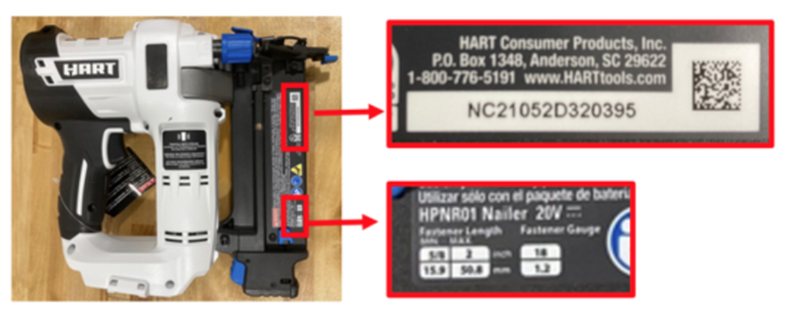 The recalled nailers at Walmart are labeled with the name HART on the side of the nailer in white type on a black background and “18ga BRAD NAILER” on the side of the nail tray/magazine. The model numbers are on the side of the nail tray/magazine nails are loaded.