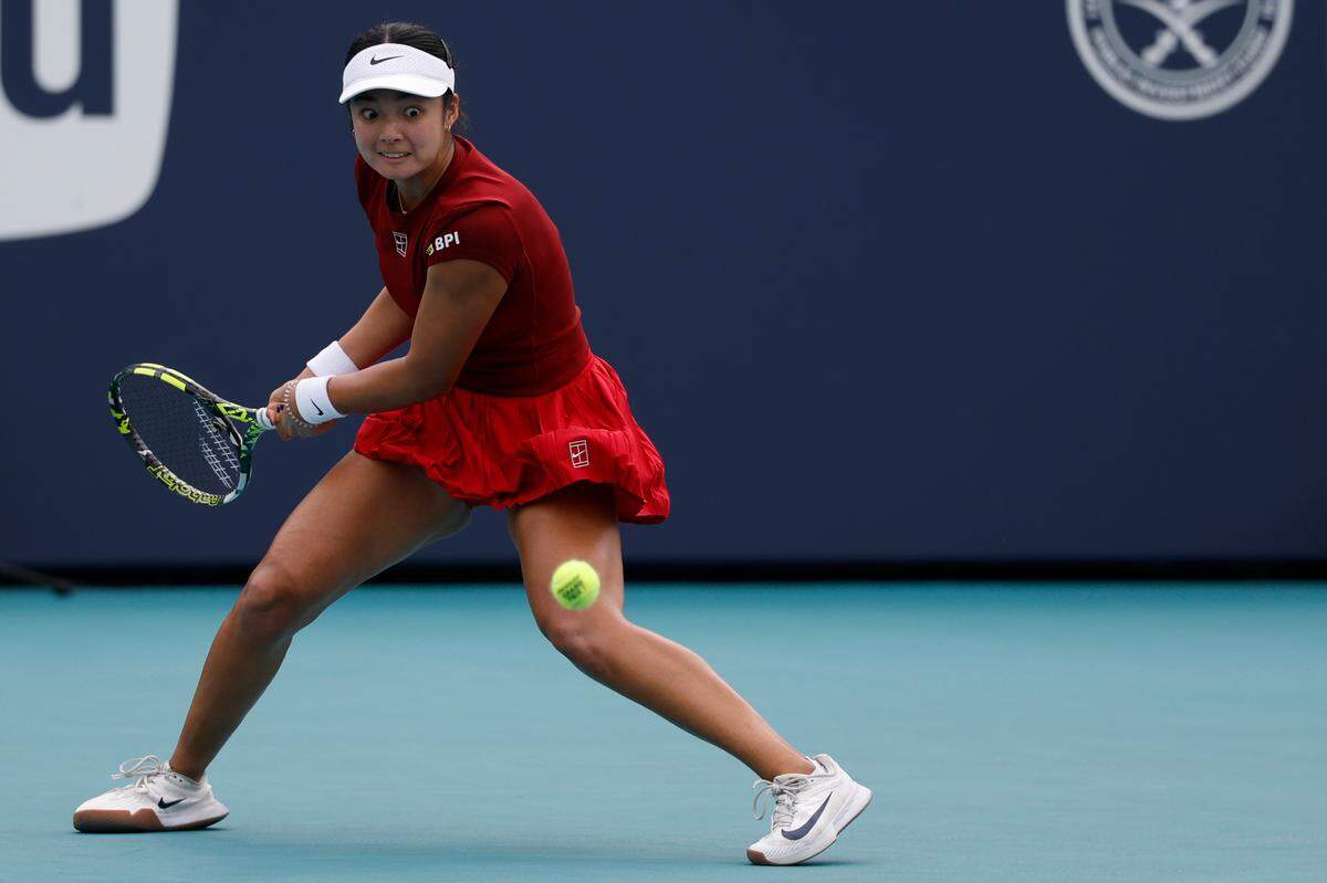 Mar 23, 2025; Miami, FL, USA; Alexandra Eala (PHI) hits a backhand against Madison Keys (USA)(not pictured) on day six of the Miami Open at Hard Rock Stadium. Mandatory Credit: Geoff Burke-Imagn Images