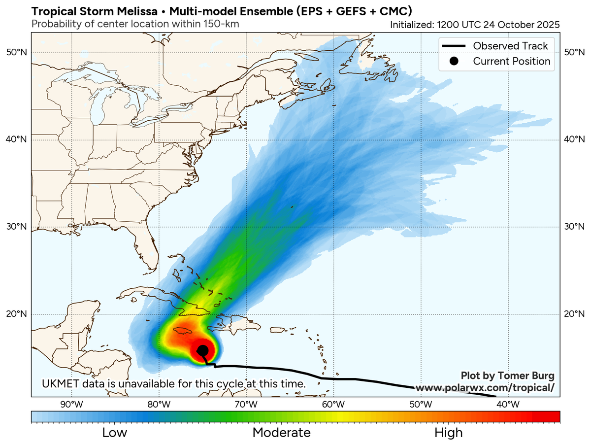 This map shows the blend of four different ensemble storm models as of Friday night, all of which predict Melissa will move to the northeast and bypass Florida.